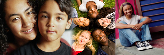 banner image of Family Mosaic Project clients, mother and son, diverse teen group, smiling teen girl