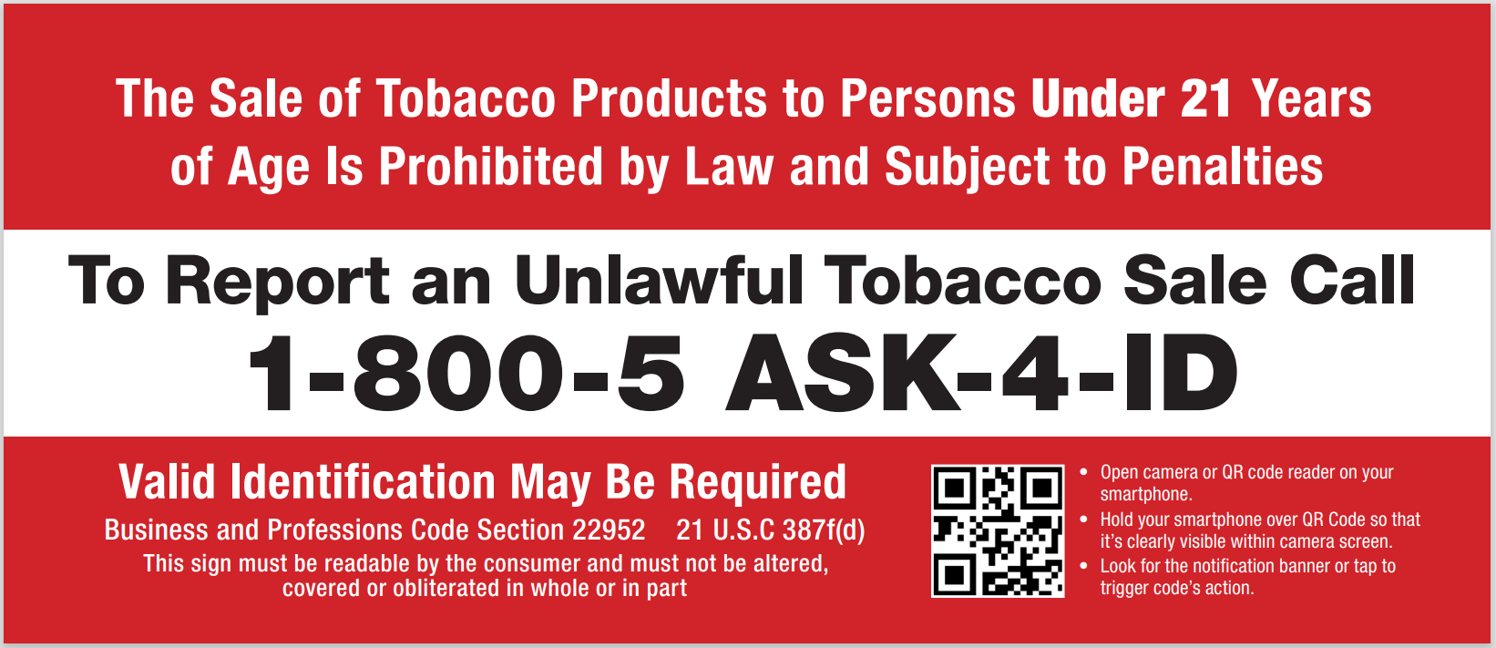 California Red Sign stating that Sale of Tobacco is prohibited to those under age 21